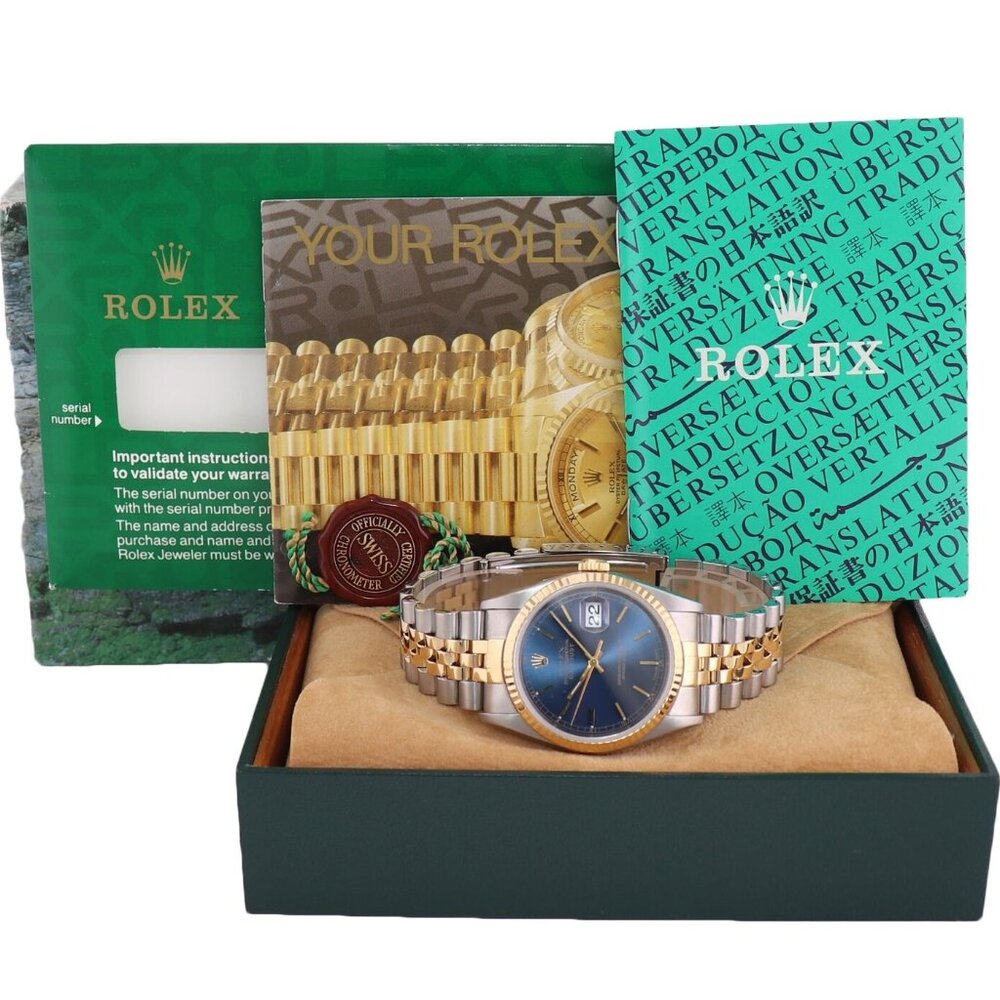 Rolex 36mm Blue Face Two Tone Watch W/ Cards and Box